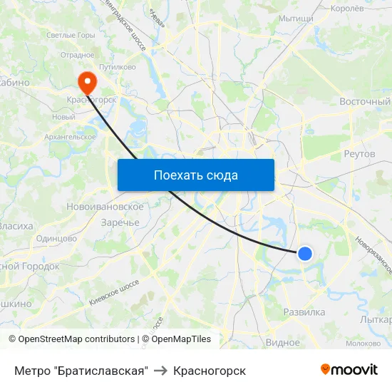 Метро "Братиславская" to Красногорск map