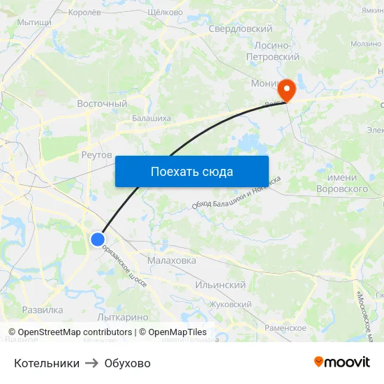 Котельники to Обухово map
