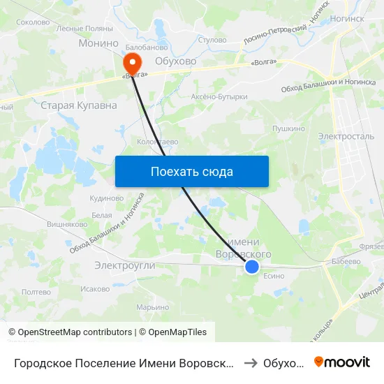 Городское Поселение Имени Воровского to Обухово map
