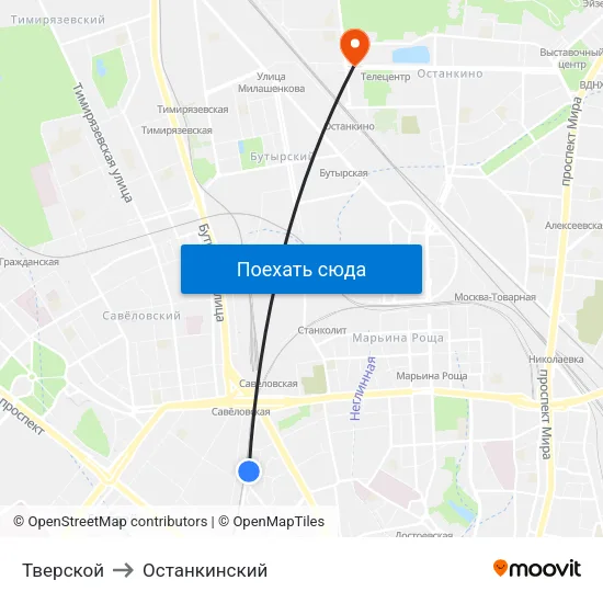 Тверской to Останкинский map