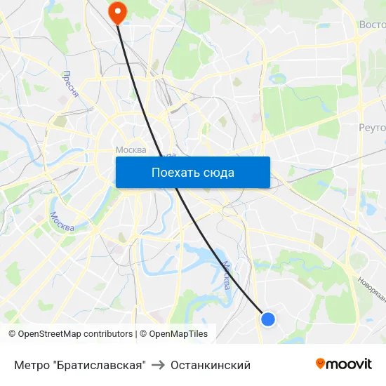 Метро "Братиславская" to Останкинский map