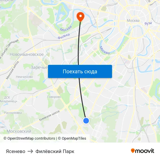 Ясенево to Филёвский Парк map