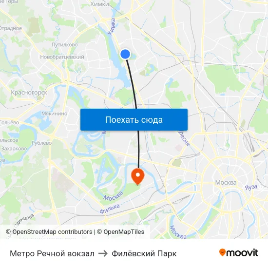 Метро Речной вокзал to Филёвский Парк map