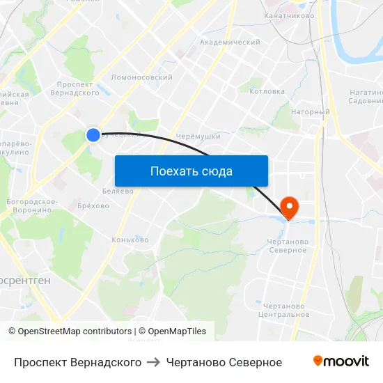Проспект Вернадского to Чертаново Северное map
