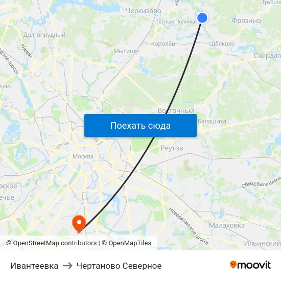 Ивантеевка to Чертаново Северное map