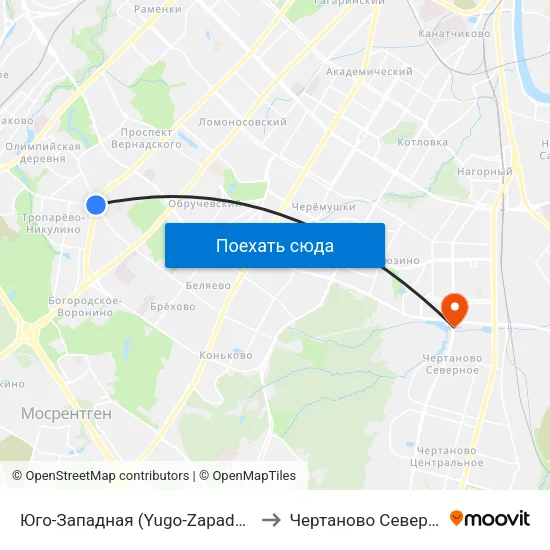 Юго-Западная (Yugo-Zapadnaya) to Чертаново Северное map