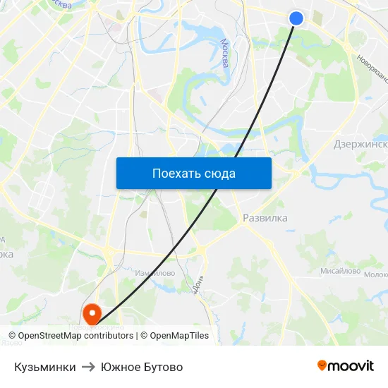 Кузьминки to Южное Бутово map