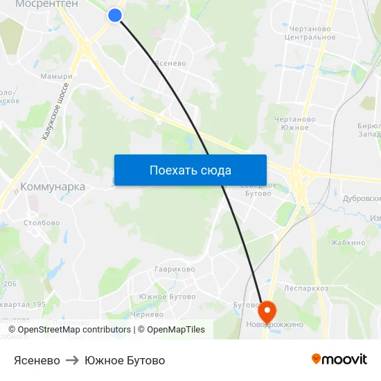 Ясенево to Южное Бутово map