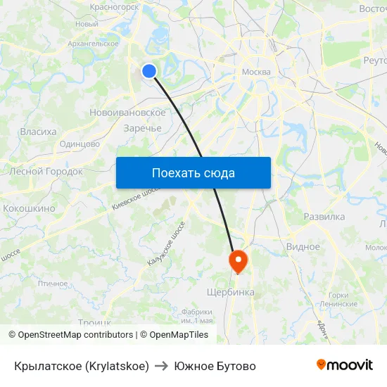 Крылатское (Krylatskoe) to Южное Бутово map