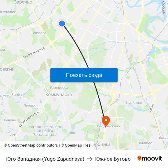 Юго-Западная (Yugo-Zapadnaya) to Южное Бутово map
