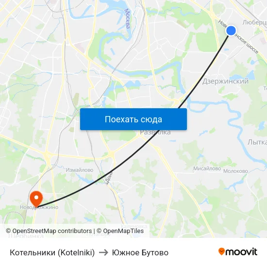 Котельники (Kotelniki) to Южное Бутово map