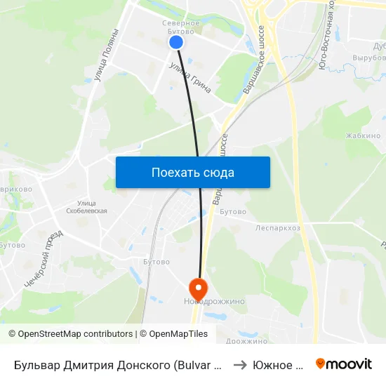 Бульвар Дмитрия Донского (Bulvar Dmitriya Donskogo) to Южное Бутово map