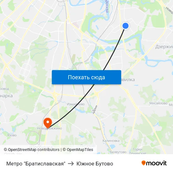 Метро "Братиславская" to Южное Бутово map