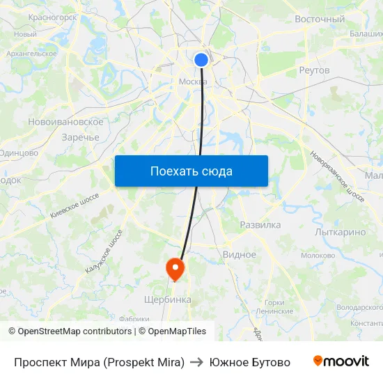 Проспект Мира (Prospekt Mira) to Южное Бутово map