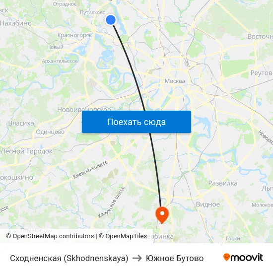 Сходненская (Skhodnenskaya) to Южное Бутово map