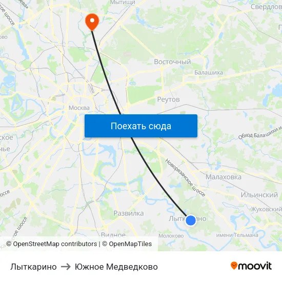 Лыткарино to Южное Медведково map