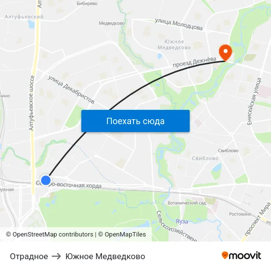 Отрадное to Южное Медведково map