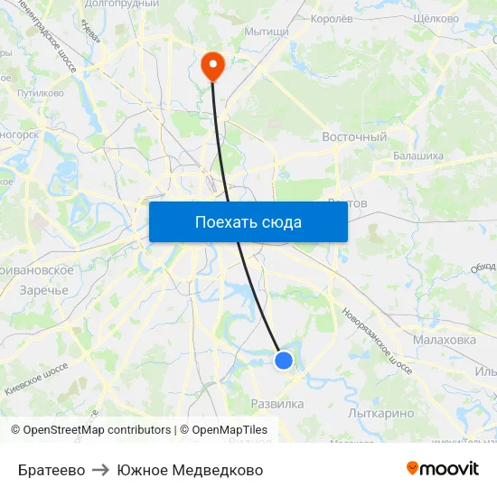 Братеево to Южное Медведково map