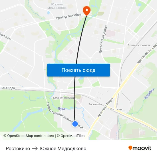 Ростокино to Южное Медведково map