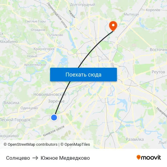 Солнцево to Южное Медведково map