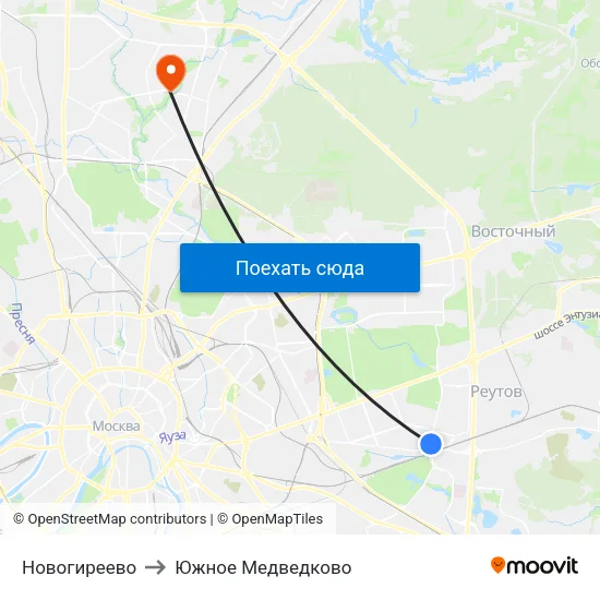Новогиреево to Южное Медведково map