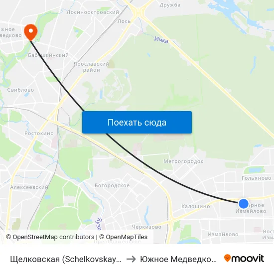 Щелковская (Schelkovskaya) to Южное Медведково map