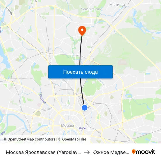 Москва Ярославская (Yaroslavsky Station) to Южное Медведково map