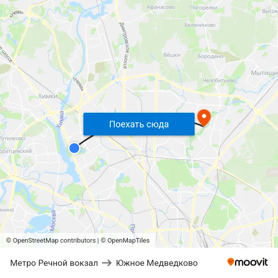 Метро Речной вокзал to Южное Медведково map