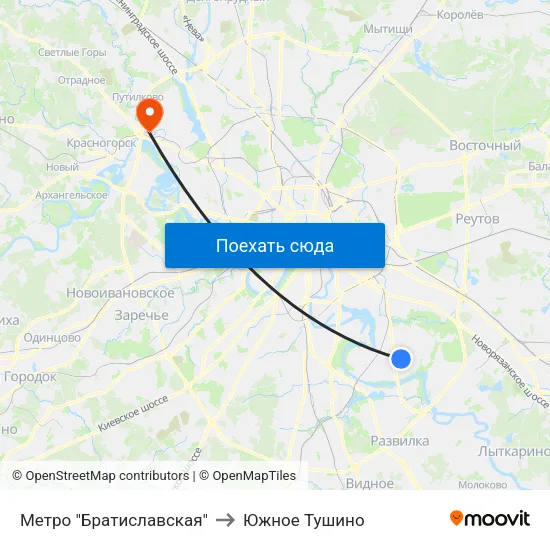 Метро "Братиславская" to Южное Тушино map