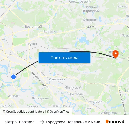 Метро "Братиславская" to Городское Поселение Имени Воровского map
