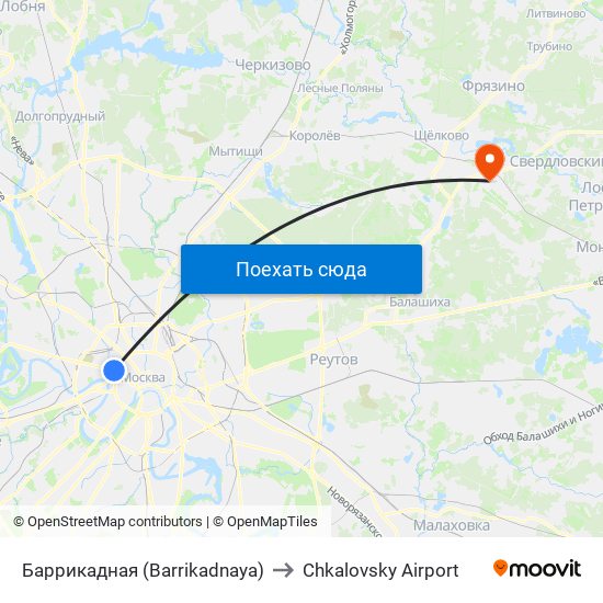 Баррикадная (Barrikadnaya) to Chkalovsky Airport map