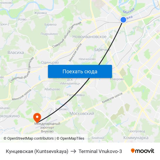 Кунцевская (Kuntsevskaya) to Terminal Vnukovo-3 map
