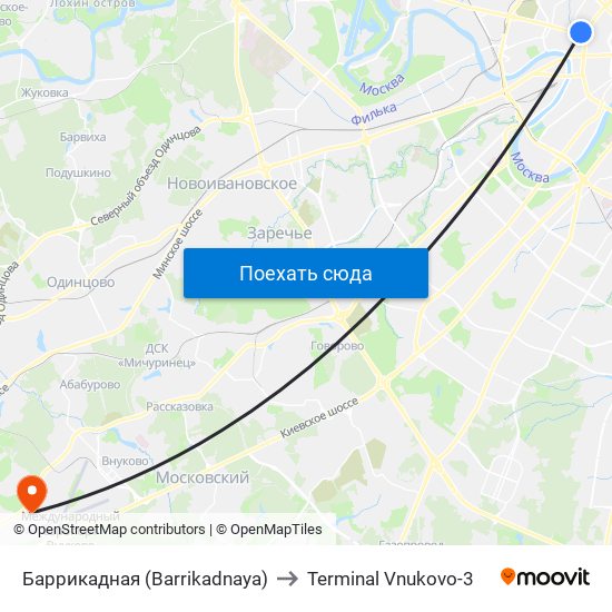 Баррикадная (Barrikadnaya) to Terminal Vnukovo-3 map