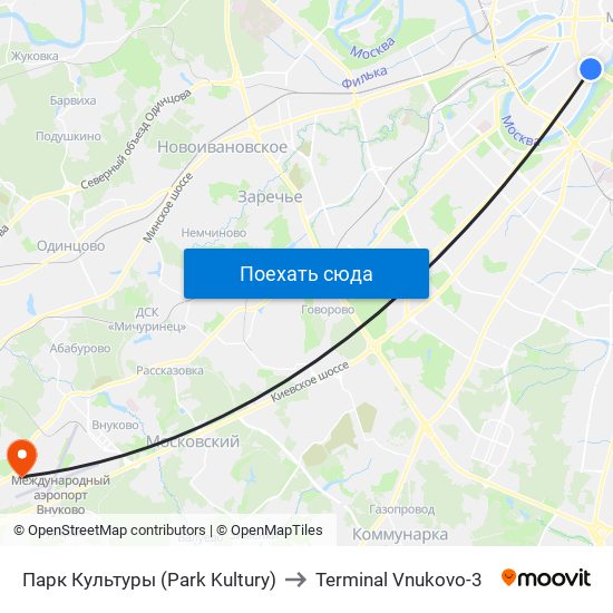 Парк Культуры (Park Kultury) to Terminal Vnukovo-3 map