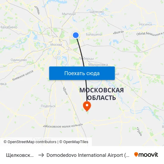 Щелковская (Schelkovskaya) to Domodedovo International Airport (DME) (Международный аэропорт Домодедово) map