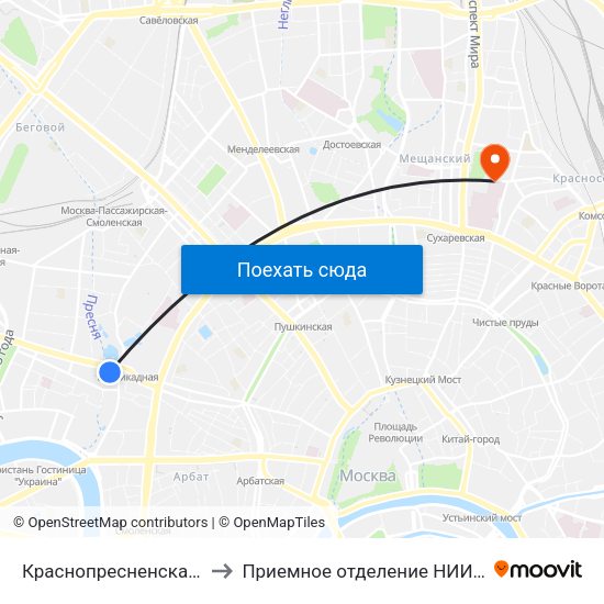 Краснопресненская (Krasnopresnenskaya) to Приемное отделение НИИ СП им. Н. В. Склифосовского map