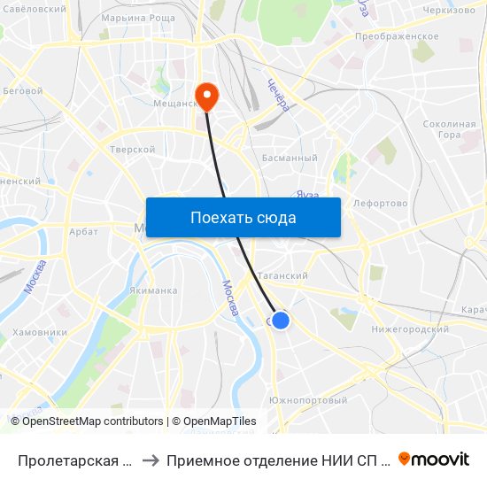 Пролетарская (Proletarskaya) to Приемное отделение НИИ СП им. Н. В. Склифосовского map