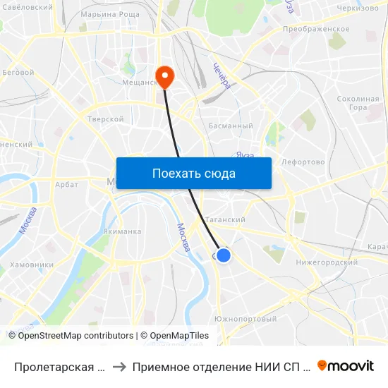 Пролетарская (Proletarskaya) to Приемное отделение НИИ СП им. Н. В. Склифосовского map