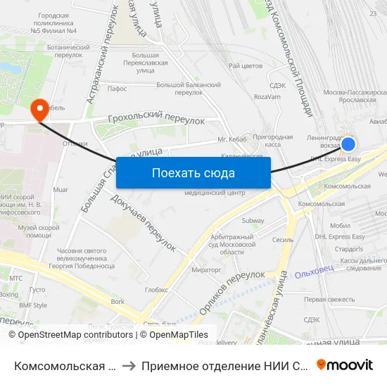 Комсомольская (Komsomolskaya) to Приемное отделение НИИ СП им. Н. В. Склифосовского map