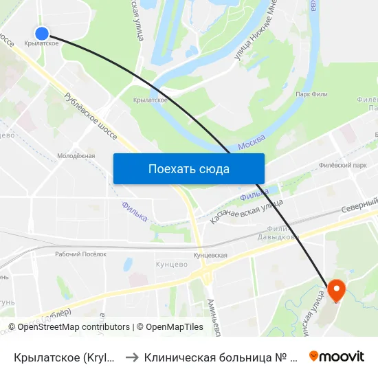 Крылатское (Krylatskoe) to Клиническая больница № 1 УДП РФ map