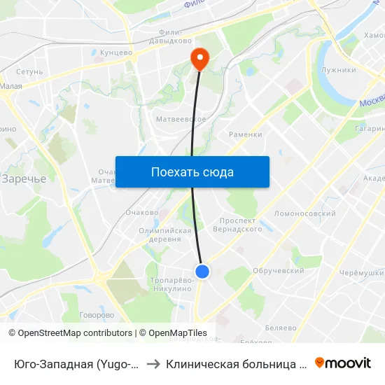 Юго-Западная (Yugo-Zapadnaya) to Клиническая больница № 1 УДП РФ map