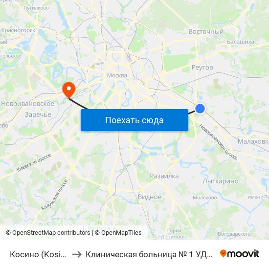 Косино (Kosino) to Клиническая больница № 1 УДП РФ map