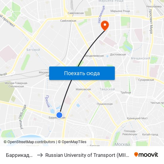 Баррикадная (Barrikadnaya) to Russian University of Transport (MIIT) (Российский университет транспорта (МИИТ)) map