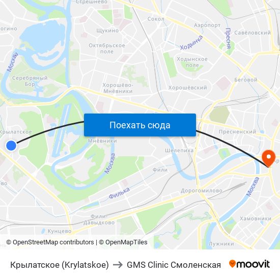 Крылатское (Krylatskoe) to GMS Clinic Смоленская map