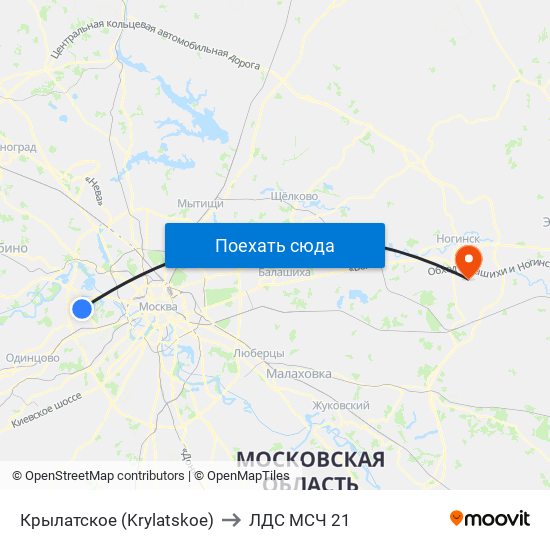 Крылатское (Krylatskoe) to ЛДС МСЧ 21 map