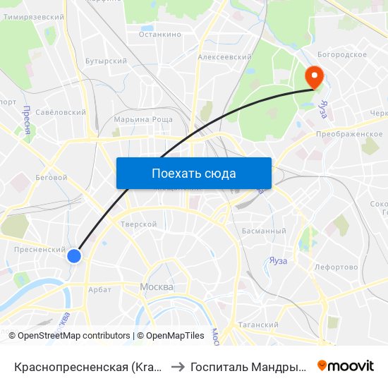 Краснопресненская (Krasnopresnenskaya) to Госпиталь Мандрыка (ФКУ ЦВКГ) map