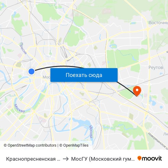 Краснопресненская (Krasnopresnenskaya) to МосГУ (Московский гуманитарный университет) map