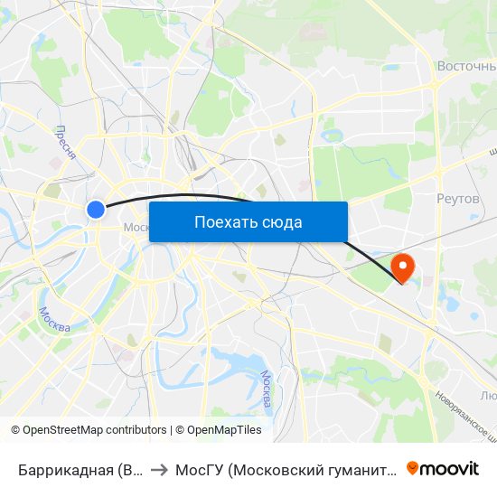 Баррикадная (Barrikadnaya) to МосГУ (Московский гуманитарный университет) map