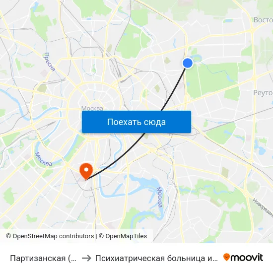 Партизанская (Partizanskaya) to Психиатрическая больница им. Алексеева (Кащенко) map