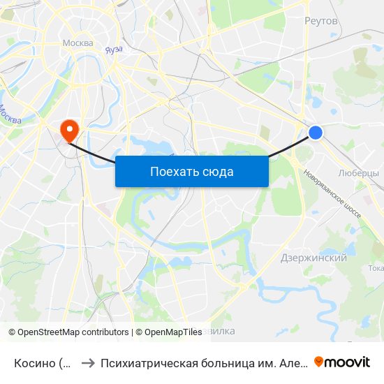 Косино (Kosino) to Психиатрическая больница им. Алексеева (Кащенко) map